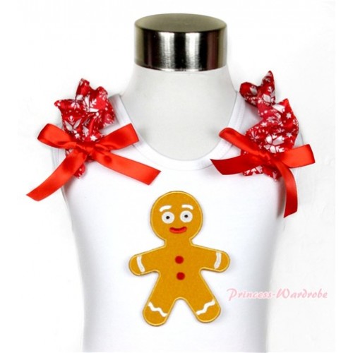 Xmas White Tank Top With Brown Gingerbread Man Print with Red Snowflakes Ruffles & Red Bow TB440 