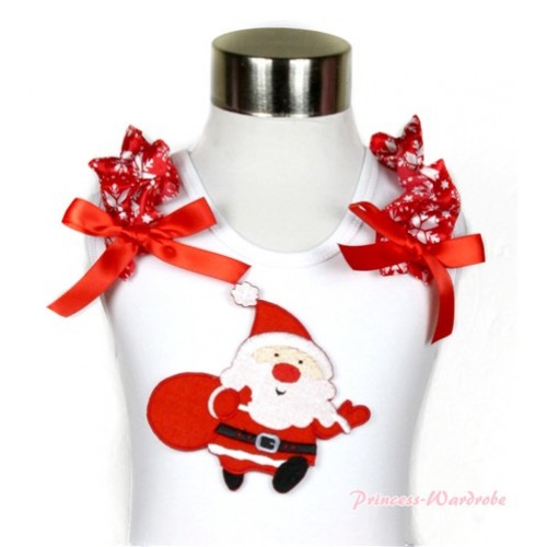Xmas White Tank Top With Gift Bag Santa Claus Print with Red Snowflakes Ruffles & Red Bow TB443 
