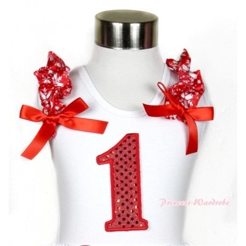 Xmas White Tank Top With 1st Sparkle Red Birthday Number Print with Red Snowflakes Ruffles & Red Bow TB447 