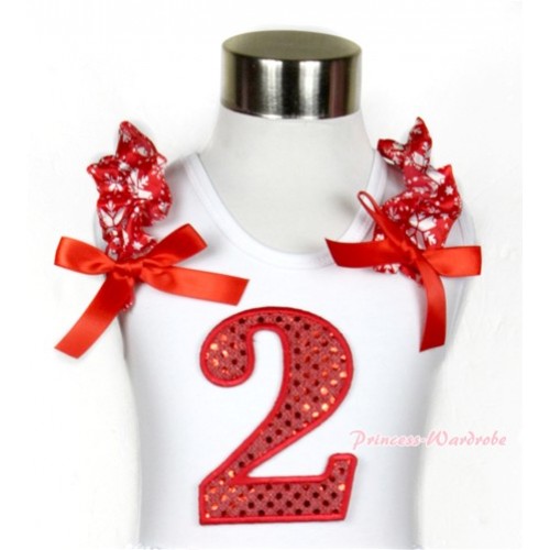 Xmas White Tank Top With 2nd Sparkle Red Birthday Number Print with Red Snowflakes Ruffles & Red Bow TB448 