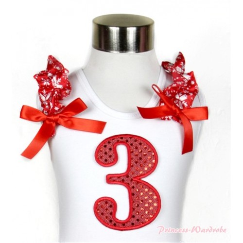 Xmas White Tank Top With 3rd Sparkle Red Birthday Number Print with Red Snowflakes Ruffles & Red Bow TB449 