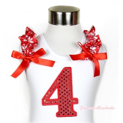 Xmas White Tank Top With 4th Sparkle Red Birthday Number Print with Red Snowflakes Ruffles & Red Bow TB450 