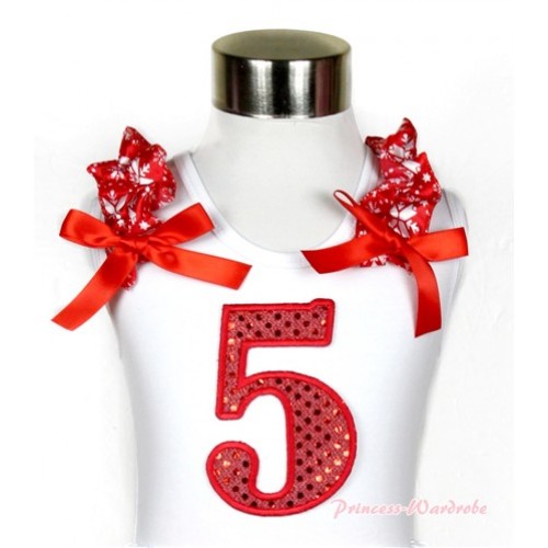 Xmas White Tank Top With 5th Sparkle Red Birthday Number Print with Red Snowflakes Ruffles & Red Bow TB451 