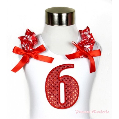 Xmas White Tank Top With 6th Sparkle Red Birthday Number Print with Red Snowflakes Ruffles & Red Bow TB452 