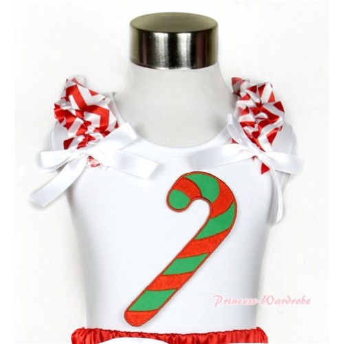 Xmas White Tank Top With Christmas Stick Print with Red White Wave Ruffles & White Bow TB458 