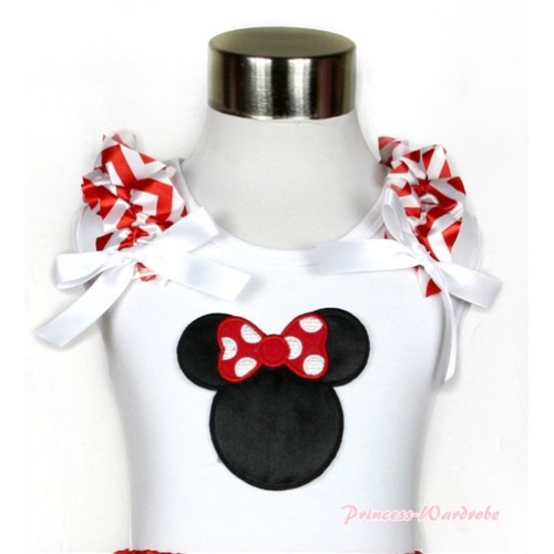 Xmas White Tank Top With Minnie Print with Red White Wave Ruffles & White Bow TB465 