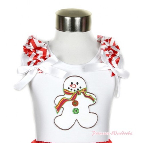 Xmas White Tank Top With Christmas Gingerbread Snowman Print with Red White Wave Ruffles & White Bow TB469 
