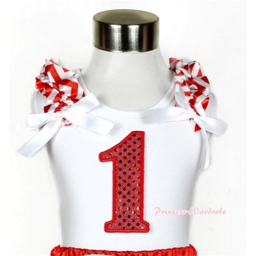 Xmas White Tank Top With 1st Sparkle Red Birthday Number Print with Red White Wave Ruffles & White Bow TB470 
