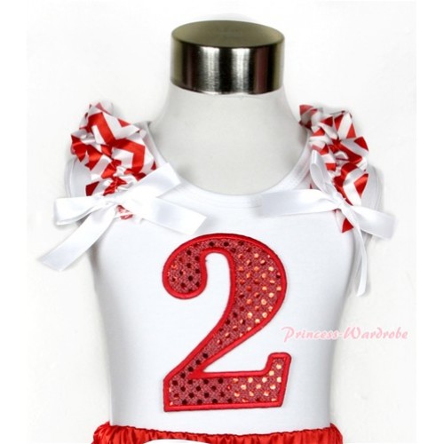 Xmas White Tank Top With 2nd Sparkle Red Birthday Number Print with Red White Wave Ruffles & White Bow TB472 