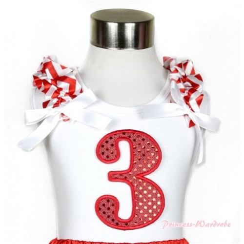 Xmas White Tank Top With 3rd Sparkle Red Birthday Number Print with Red White Wave Ruffles & White Bow TB473 