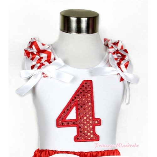 Xmas White Tank Top With 4th Sparkle Red Birthday Number Print with Red White Wave Ruffles & White Bow TB474 