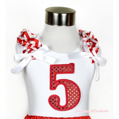 Xmas White Tank Top With 5th Sparkle Red Birthday Number Print with Red White Wave Ruffles & White Bow TB475 