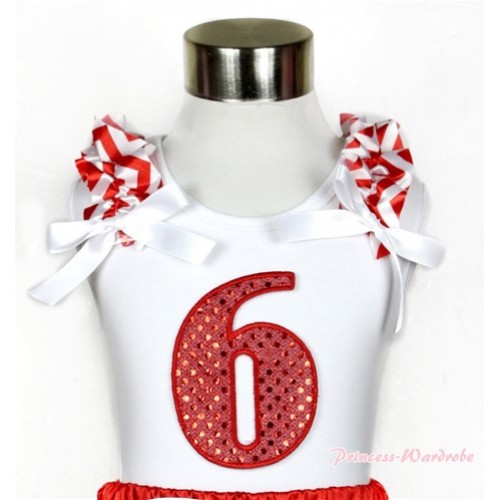 Xmas White Tank Top With 6th Sparkle Red Birthday Number Print with Red White Wave Ruffles & White Bow TB476 