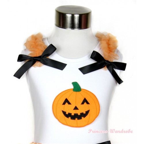 Halloween White Tank Top With Pumpkin Print with Orange Ruffles & Black Bow TB453 