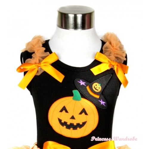 Halloween Black Tank Top with Pumpkin Witch Hat & Pumpkin Print with Orange Ruffles & Orange Bow TB478 