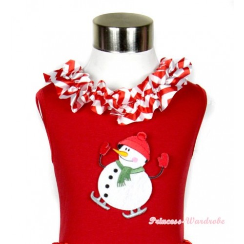 Xmas Red Tank Top with Ice Skating Snowman Print with Red White Wave Satin Lacing T505 