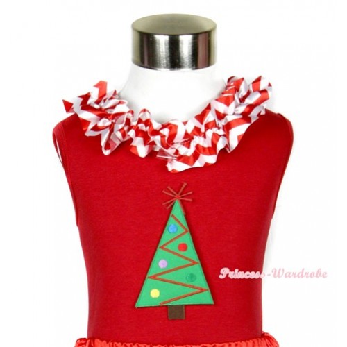 Xmas Red Tank Top with Christmas Tree Print with Red White Wave Satin Lacing T506 