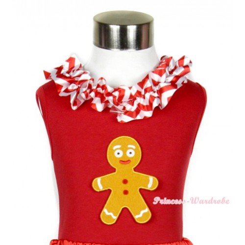 Xmas Red Tank Top with Brown Gingerbread Man Print with Red White Wave Satin Lacing T507 