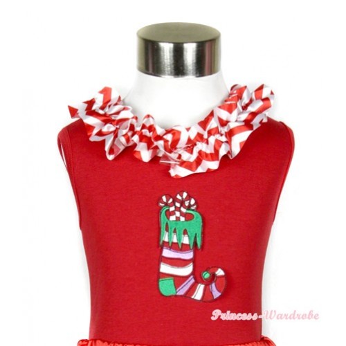 Xmas Red Tank Top with Christmas Stocking Print with Red White Wave Satin Lacing T510 