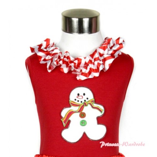 Xmas Red Tank Top with Christmas Gingerbread Snowman Print with Red White Wave Satin Lacing T511 