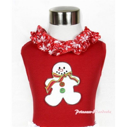 Xmas Red Tank Top with Christmas Gingerbread Snowman Print with Red Snowflakes Satin Lacing T512 