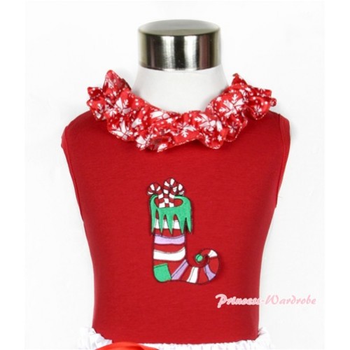 Xmas Red Tank Top with Christmas Stocking Print with Red Snowflakes Satin Lacing T513 