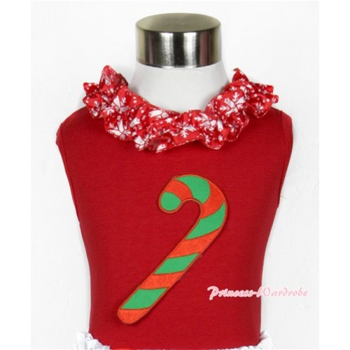 Xmas Red Tank Top with Christmas Stick Print with Red Snowflakes Satin Lacing T514 