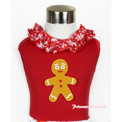 Xmas Red Tank Top with Brown Gingerbread Man Print with Red Snowflakes Satin Lacing T516 
