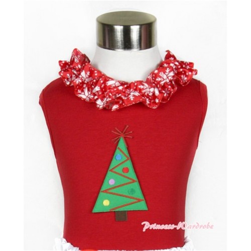 Xmas Red Tank Top with Christmas Tree Print with Red Snowflakes Satin Lacing T517 