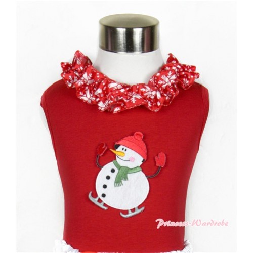 Xmas Red Tank Top with Ice Skating Snowman Print with Red Snowflakes Satin Lacing T518 