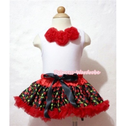 White Baby Pettitop & Hot Red Rosettes with Hot Red Black Cherry Baby Pettiskirt NG535 
