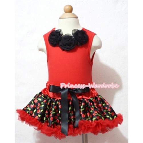 Hot Red Baby Pettitop & Black Rosettes with Red Cherry Baby Pettiskirt NG621 