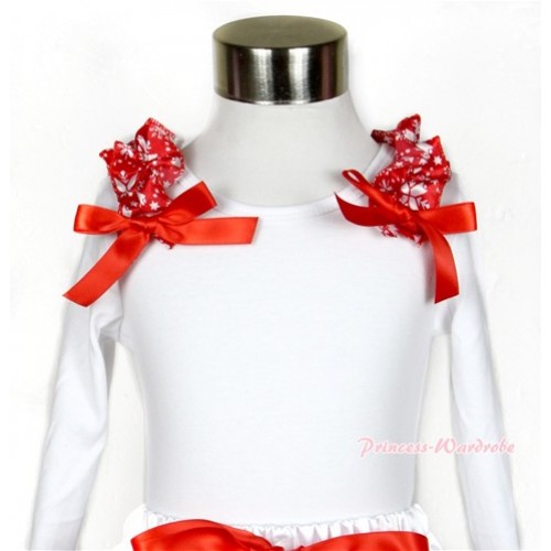Xmas White Long Sleeve Top with Red Snowflakes Ruffles & Red Bow TW333 
