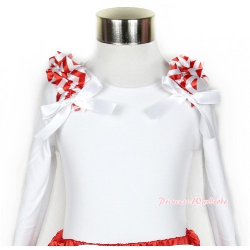Xmas White Long Sleeve Top with Red White Wave Ruffles & White Bow TW335 