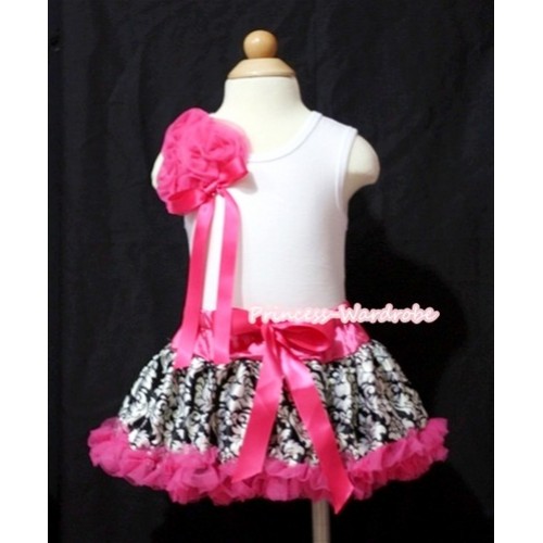 White Baby Pettitop & Bunch of Hot Pink Rosettes & Ribbon with Hot Pink Damask Baby Pettiskirt NG412 