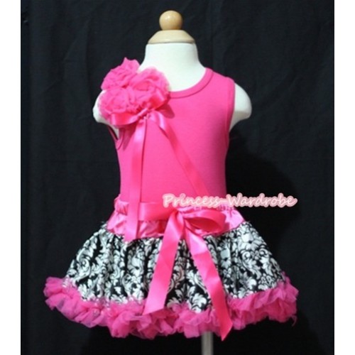Hot Pink Baby Pettitop & with Bunch of Hot Pink Rosettes & Ribbon with Hot Pink Damask Baby Pettiskirt NG513 