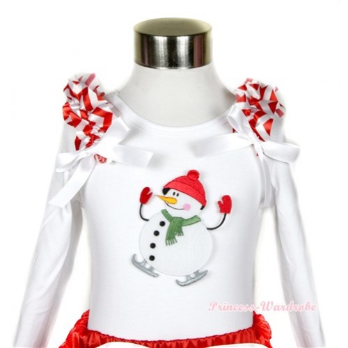 Xmas White Long Sleeves Top with Ice Skating Snowman Print With Red White Wave Ruffles & White Bow TW336 