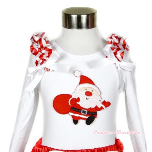 Xmas White Long Sleeves Top with Gift Bag Santa Claus Print With Red White Wave Ruffles & White Bow TW337 