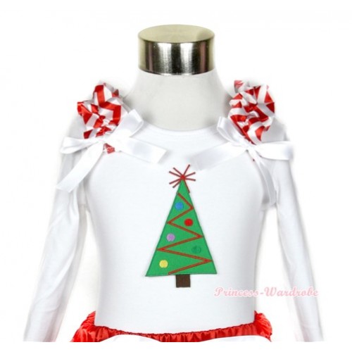 Xmas White Long Sleeves Top with Christmas Tree Print With Red White Wave Ruffles & White Bow TW338 