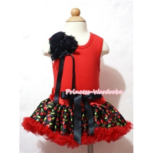 Hot Red Baby Pettitop & Bunch of Black Rosettes & Ribbon with Red Cherry Baby Pettiskirt NG622 