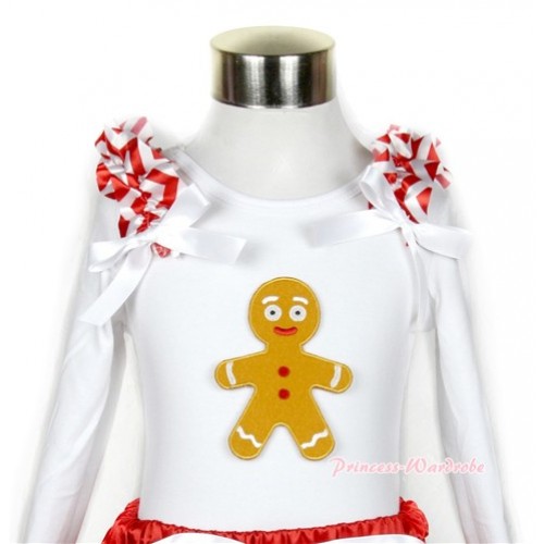 Xmas White Long Sleeves Top with Brown Gingerbread Man Print With Red White Wave Ruffles & White Bow TW352 