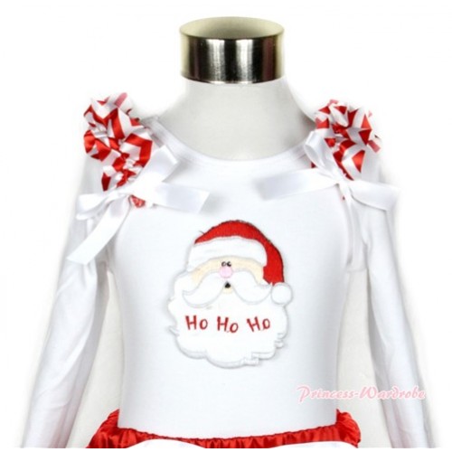 Xmas White Long Sleeves Top with Santa Claus Print With Red White Wave Ruffles & White Bow TW353 