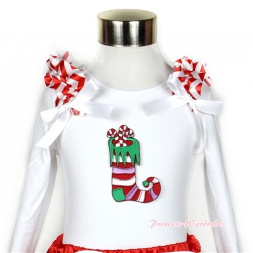 Xmas White Long Sleeves Top with Christmas Stocking Print With Red White Wave Ruffles & White Bow TW355 