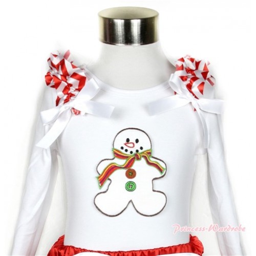 Xmas White Long Sleeves Top with Christmas Gingerbread Snowman Print With Red White Wave Ruffles & White Bow TW356 