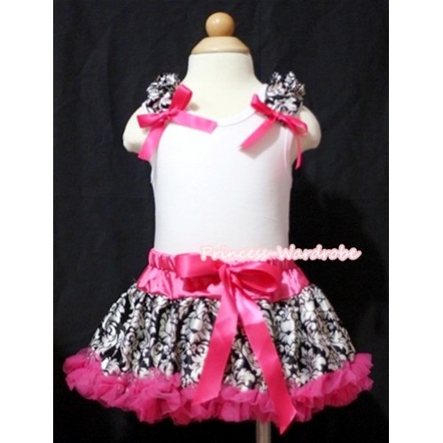 White Baby Pettitop & Damask Ruffles & Hot Pink Bows with Hot Pink Damask Baby Pettiskirt NG816 