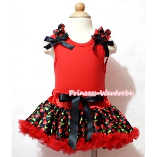 Hot Red Baby Pettitop & Black Cherry Ruffles & Black Bows with Red Cherry Baby Pettiskirt NG731 
