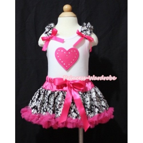 White Baby Pettitop & Hot Pink Heart Damask Ruffles & Hot Pink Bows with Hot Pink Damask Baby Pettiskirt NG395 