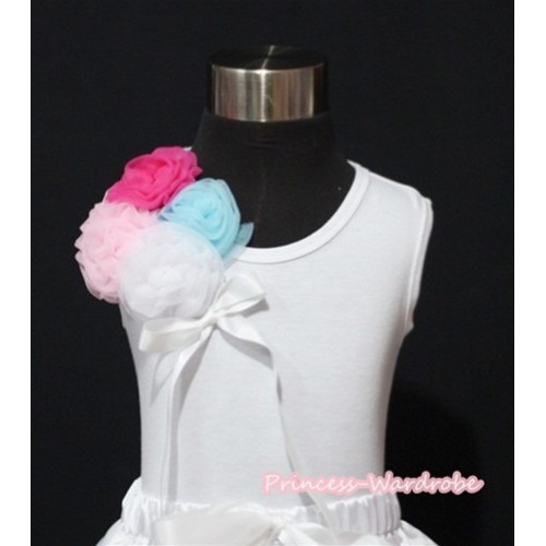 White Tank Top with a Bunch of Hot Pink Light Pink Light Blue Rosettes and White Bow TB93 