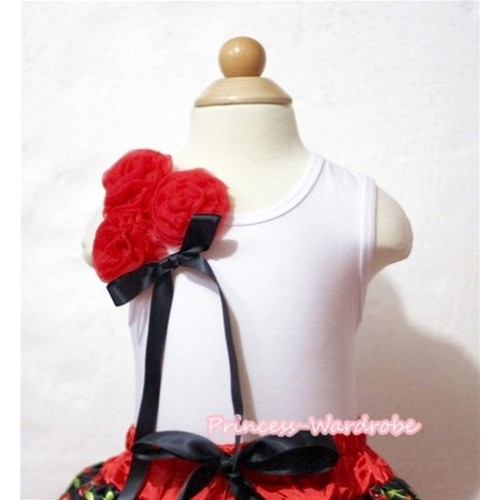 White Tank Top with a Bunch of Hot Red Rosettes and Black Bow TB94 