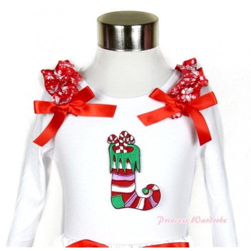 Xmas White Long Sleeves Top with Christmas Stocking Print With Red Snowflakes Ruffles & Red Bow TW369 